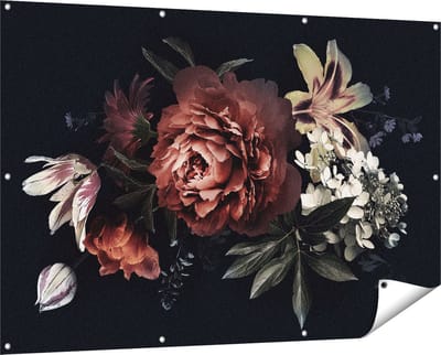 Gards Tuinposter Bloemen op een Zwart Achtergrond - 150x100 cm - Tuindoek - Tuindecoratie - Wanddecoratie buiten - Tuinschilderij