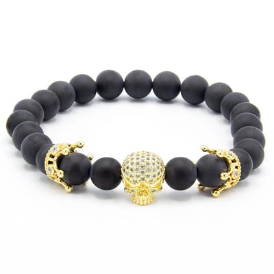 Victorious Natuurstenen Kralen Armband Heren – Gouden Schedel – Mat Zwart – 18cm