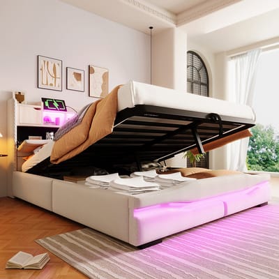 Komhtom Gestoffeerd bed, 160 x 200 cm, met USB-aansluiting, oplaadfunctie, sfeerverlichtingsstrip met afstandsbediening onder het bed, hoofdeinde met opbergvak, bed met hydraulisch opbergvak, zonder matras, met LED-lampjes, beige