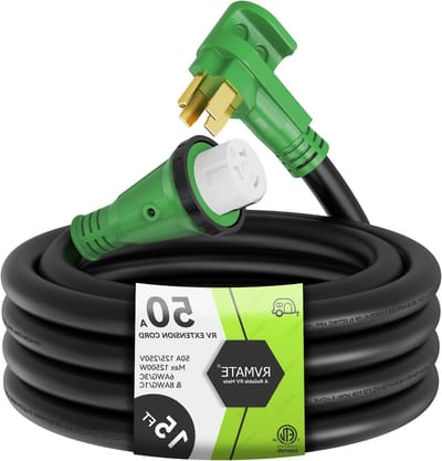 Stroomkabel Generator - Verlengsnoer RV - Veilig Stroom Aansluiten - Vergrendelbaar Met Indicator - 15 voet 50 Amp - Zwart