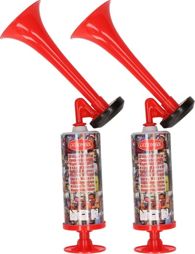 Station toeter - 2x - rood - hand/lucht pomp - luchthoorn - voetbal supporter