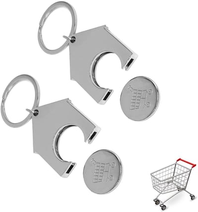 Dailygoods- Winkelwagenmuntje 2 Stuks - RVS Sleutelhanger - Trolley-chip - Boodschappen Token - Roestvrij Staal - Multifunctioneel Ontwerp - Trolleychip