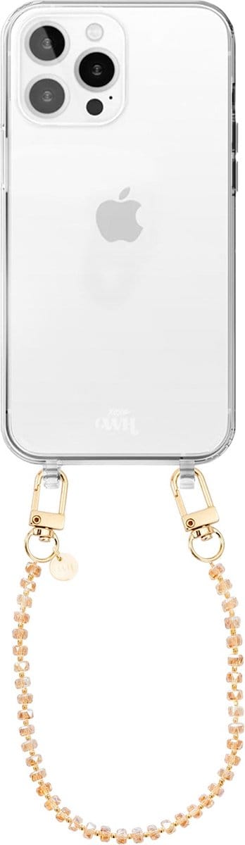 xoxo Wildhearts siliconen hoesje geschikt voor iPhone 16 Pro Max hoesje - Crystal (Bruin) - Telefoonhoesje - Hoesje met koord - Kristal ketting - Kristallen met gouden details - kort telefoonkoord - Transparant hoesje