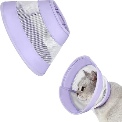 Zachte Aanpasbare Kattenhalsband - Ademend Herstelhalsband om Likken te Stoppen - Paarse Kleur (Maat M: 17-23cm Nek)