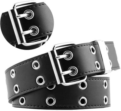 HAUSS SPOLE Riem Studs - Dubbele Oogjes-Punk Stijl Voor Dames en Heren-Dagelijks en Festival-Gemakkelijk Verstelbaar-110 x 3.3cm Maat L-PU Leer-Zwart