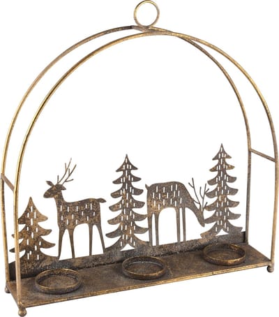 Dekoratief | Theelichthouder boog m/bomen/hert, brons, metaal, 34x7x34cm | A245459