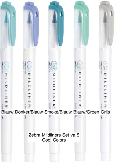 Zebra Mildliners Set van 5 Cool Colors verpakt in een Zipperbag