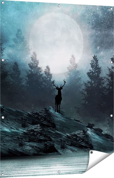 Gards Tuinposter Hert op een Rots tijdens Volle Maan - 90x120 cm - Tuindoek - Tuindecoratie - Wanddecoratie buiten - Tuinschilderij