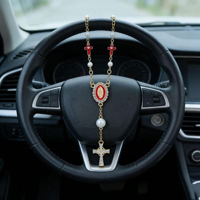 1 stuks Roze Parel Kruis Stuurwiel Rozenkrans Ornament, Rozenkrans Auto Hanger Accessoire, Uniek Mode Auto Decoratie Accessoire Pearl Cross