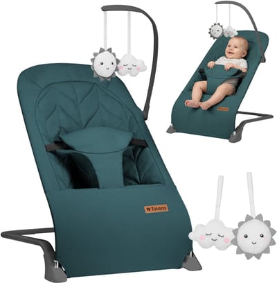 Tulano Moon 10 Baby Wipstoel - Verstelbare Baby Bouncer met Speelboog & 3-Punts Gordel - Tot 9 kg - groen