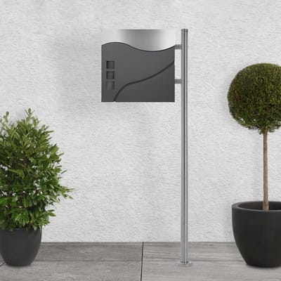 ECD Germany Staande Brievenbus Met Krantenvak En Post - Brievenbusstandaard 120cm Roestvrij Staal - Antraciet/Zilver 37 x 36,5cm Gepoedercoat