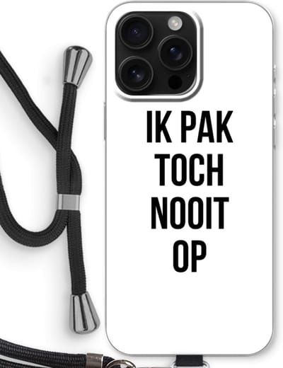 Case Company® - Hoesje met koord geschikt voor iPhone 16 Pro Max hoesje met Koord - Ik pak nooit op - Telefoonhoesje met Zwart Koord - Bescherming aan alle Kanten en Over de Schermrand