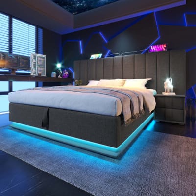 Gutent-Gestoffeerd bed 160x200 cm-tweepersoonsbed met opbergruimte-bedframe met lattenbodem-linnen-grijs-zonder matras en nachtkastje