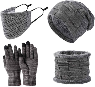 4-delige Winter Set - Gebreide Muts, Sjaal, Gezichtsmasker en Handschoenen - Dames en Heren - Donkergrijs - Warme Fleecevoering