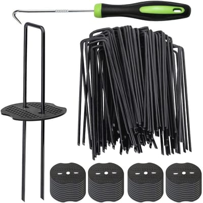 50 stuks zwarte landschapsnietjes en bufferwasmachine - Heavy Duty U-vormige gazonpennen voor tuinprojecten