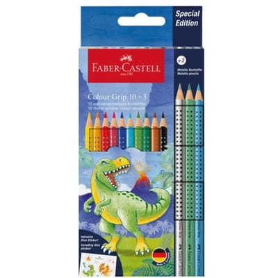 Faber-castell kleurpotloden dino 10 kleuren grip + 3 metallic potloden, incl. dino stickers