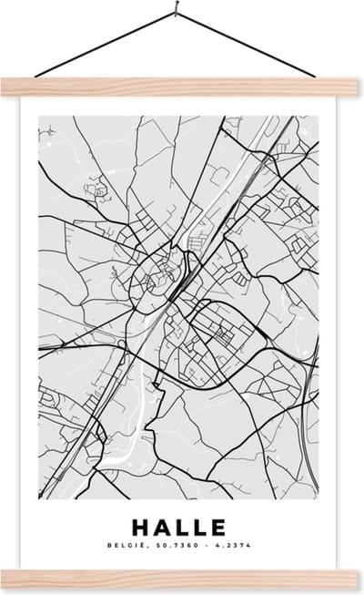 Posterhanger incl. Poster 40x60 cm - Schoolplaat - België – Halle – Stadskaart – Kaart – Zwart Wit – Plattegrond - Textielposter - Blanke latten - Stadskaart