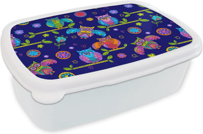 Broodtrommel Wit - Lunchbox - Brooddoos - Patroon - Uil - Takken - 18x12x6 cm - Volwassenen