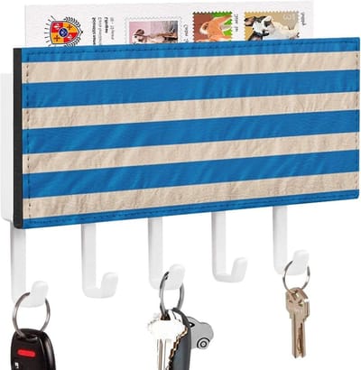 Sleutelhouder rek - Post organizer - Muur decoratie - Zelfklevende montage - 18 x 11 cm - Wit blauw gestreept