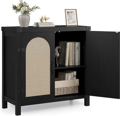 Dressoir Kast met Rotan Deuren en Lade - Zwarte Buffetkast met Opbergruimte - Boho Webbing Design - Voor Woonkamer & Hal - 80x35x84 cm - Zwart