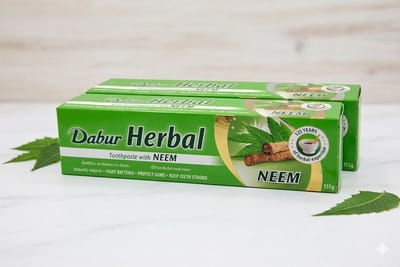 2x Dabur Herbal Tandpasta met Neem (155g) - Ayurvedische Gebit Verzorging - Natuurlijke Kruiden-Tandpasta voor Tandvlees en Frisse Adem - Duopack Met Kajal Sticker