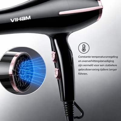 Haardroger - 1300 W en 220 V - blauw licht en constante temperatuur - voor thuis en salon - zwarte uitvoering met ronde stekker en concentratormondstuk