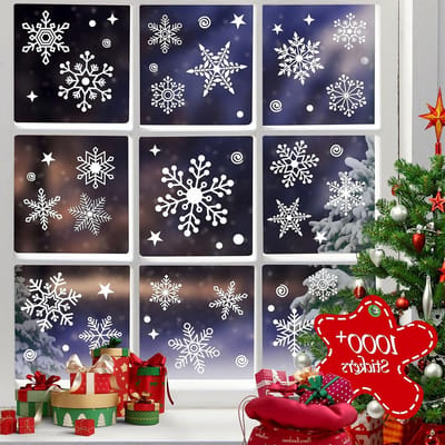 1000+ Kerstvenster Plakstickers, 25+ Ontwerpen Sneeuwvlokken, Herbruikbare Decoratie voor Feestdagen en Winterse Evenementen