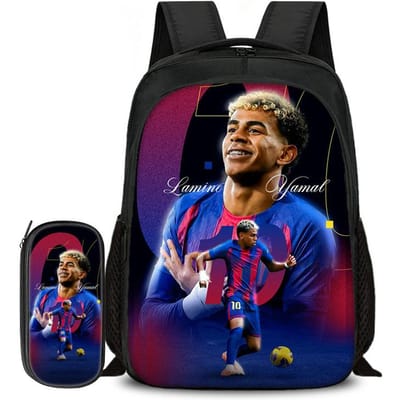 2-delige Set Boekentas Etui Schooltassen L-Lamin Yamal Kinderen School Dubbellaags Rugzak Voetbalster Voetbal Sport Mochila
