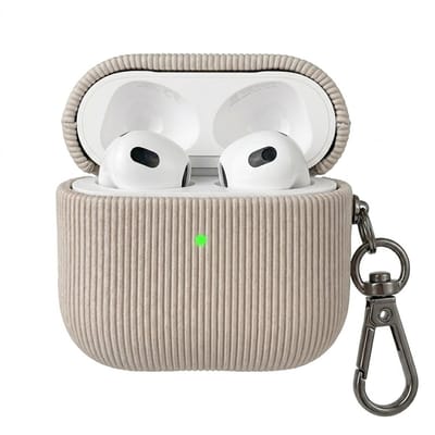 Luxe geribd hoesje voor oordopjes – Vertical Stripe design met sleutelhaak, geschikt voor AirPods 4 (Grijs)
