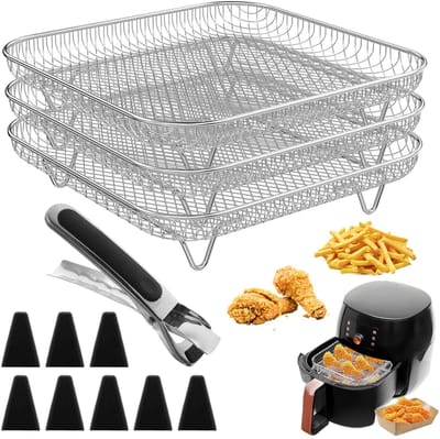 Dailygoods- Air Fryer Racks 3 Stuks - Stapelbare Manden - Roestvrij Staal - Accessoires voor Heteluchtfriteuse - 20,5 cm - Kookrek - Luchtfriteuse Accessoires
