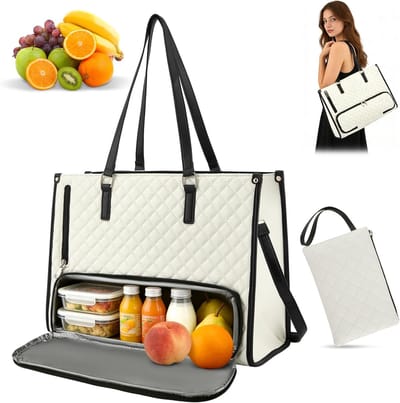 2-in-1 lunchtas voor dames, geïsoleerde draagtas voor 15,6-inch (40 cm) laptops met voedselvak, waterdichte kantoortas met antidiefstalbeveiliging, voor werk, universiteit en reizen, Wit