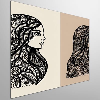 Doodle vrouw schilderij | Flowing Lines of Feminine Elegance: Intricate Doodle Woman Art | Kunst - 80x80 centimeter op Dibond | Foto op Dibond