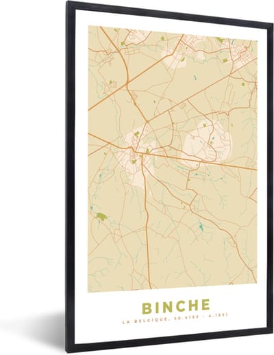 Fotolijst incl. Poster - Plattegrond - Stadskaart - Retro - Binche - Kaart - 40x60 cm - Posterlijst