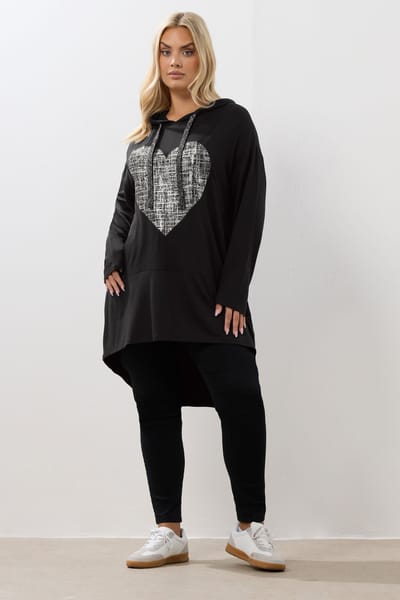 Yours Zwarte Lange Hoodie Met Hartenprint Size 46