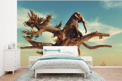 Behang - Fotobehang Olifant - Boom - Natuur - Woestijn - Breedte 400 cm x hoogte 300 cm