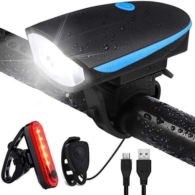 Oplaadbaar Fietslicht met Hoorn Set - Voorlamp met Bel voor Elektrische Scooter Kinderen - 2 Geluidsmodi Sirene & 3 Verlichtingsstanden - Zwart - 1 Set