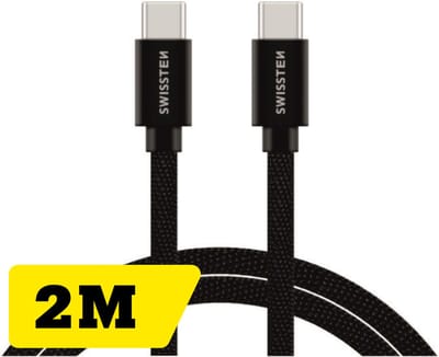 Swissten Lange USB‑C naar USB‑C Oplaadkabel 2 meter – Power Delivery Snellader – voor Samsung, iPad, MacBook & iPhone 15,16,17 – Gevlochten Nylon – Zwart