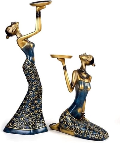 Kandelaars Abstract - Dame sculptuur - Sfeer creëren - Vintage design - 2 stuks - Blauw Champagne