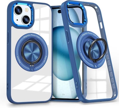 Hoesje Geschikt voor iPhone 15 hoesje voor Magsafe Transparant hard case Blauw - kickstand Draaibare Ring Houder