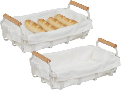 5Five Broodmandje Bistro plus - 2x - metaal/stof - wit - 28 x 16 x 11 cm - rechthoekig - metaal - serveren broodjes
