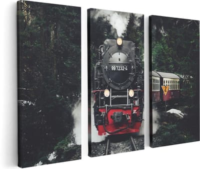 Artaza Canvas Schilderij Drieluik Locomotief in de Bossen met Stoom Wolken  - 120x80 - Foto Op Canvas - Canvas Print