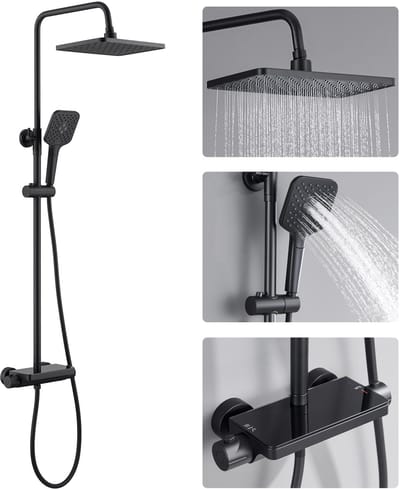 LEOHEO MAX Regendouche met Thermostaatkraan - Doucheset Zwart - Regendoucheset - Inclusief thermostaatkraan - 10 inch Douchekop - Zwart