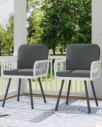 Set van 2 tuinstoelen met armleuningen, zwart metaal frame grijswit rotan, weerbestendig met kussens, Tuin-eetkamerstoelen