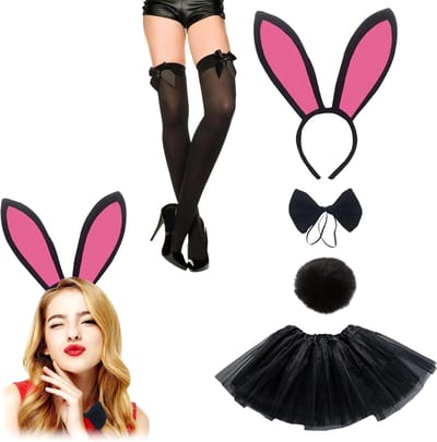 Vrouwelijk Konijn Kostuum met Oren, Staart en Strik - Compleet Set voor Feesten en Verkleedpartijen met Tulle Rok en Netpanty