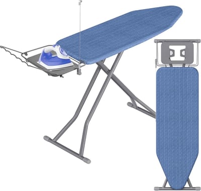 SONGMICS Strijkplank, 122 x 38 cm, Strijkplank, In hoogte verstelbaar, Opvouwbaar, met kabelhouder, Strijksteun, Haak, voor Stoomstrijkstation, Middernachtblauw/Dovengrijs LLB004QP01