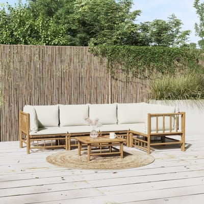vidaXL - 6-delige - Loungeset - met - kussens - bamboe - crèmewit