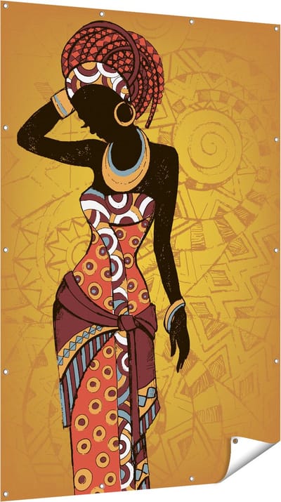 Gards Tuinposter Getekende Afrikaanse Vrouw - Abstract - 120x180 cm - Tuindoek - Tuindecoratie - Wanddecoratie buiten - Tuinschilderij