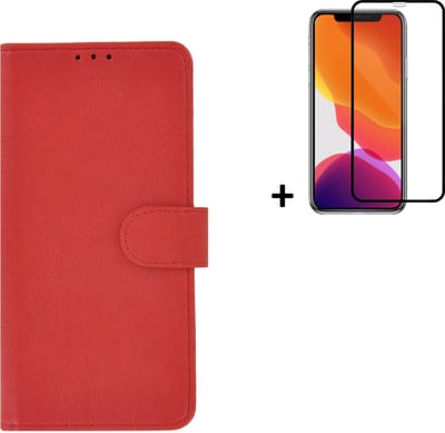 Hoesje Geschikt voor iPhone 11 Pro Max + Screenprotector iPhone 11 Pro Max - iPhone 11 Pro Max Hoes Wallet Bookcase Rood + Full Tempered Glass