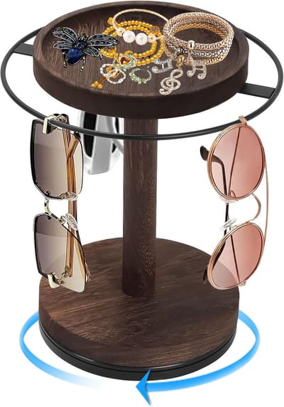Brillenhouder Hout - Zonnebril Organizer - Ruimte Besparen - 360 Graden Draaibaar - 15x15x23.5 cm - Koffiebruin