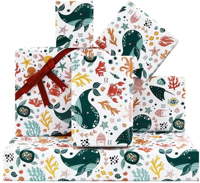 Inpakpapier, verjaardag inpakpapier voor jongens meisjes kinderen met rood lint, blauwe vinvis rode krab zeepaardvissen octopus, 4 grote vellen 50x70 cm per vel voor verjaardag, Kerstmis